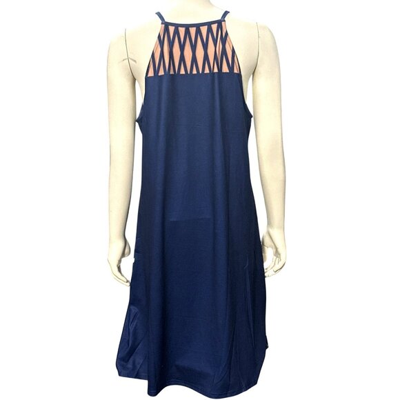 CCC Navy Blue Sleeveless Geometric Print Dress Mesh Detail Circle Pattern Large - Picture 3 of 8
